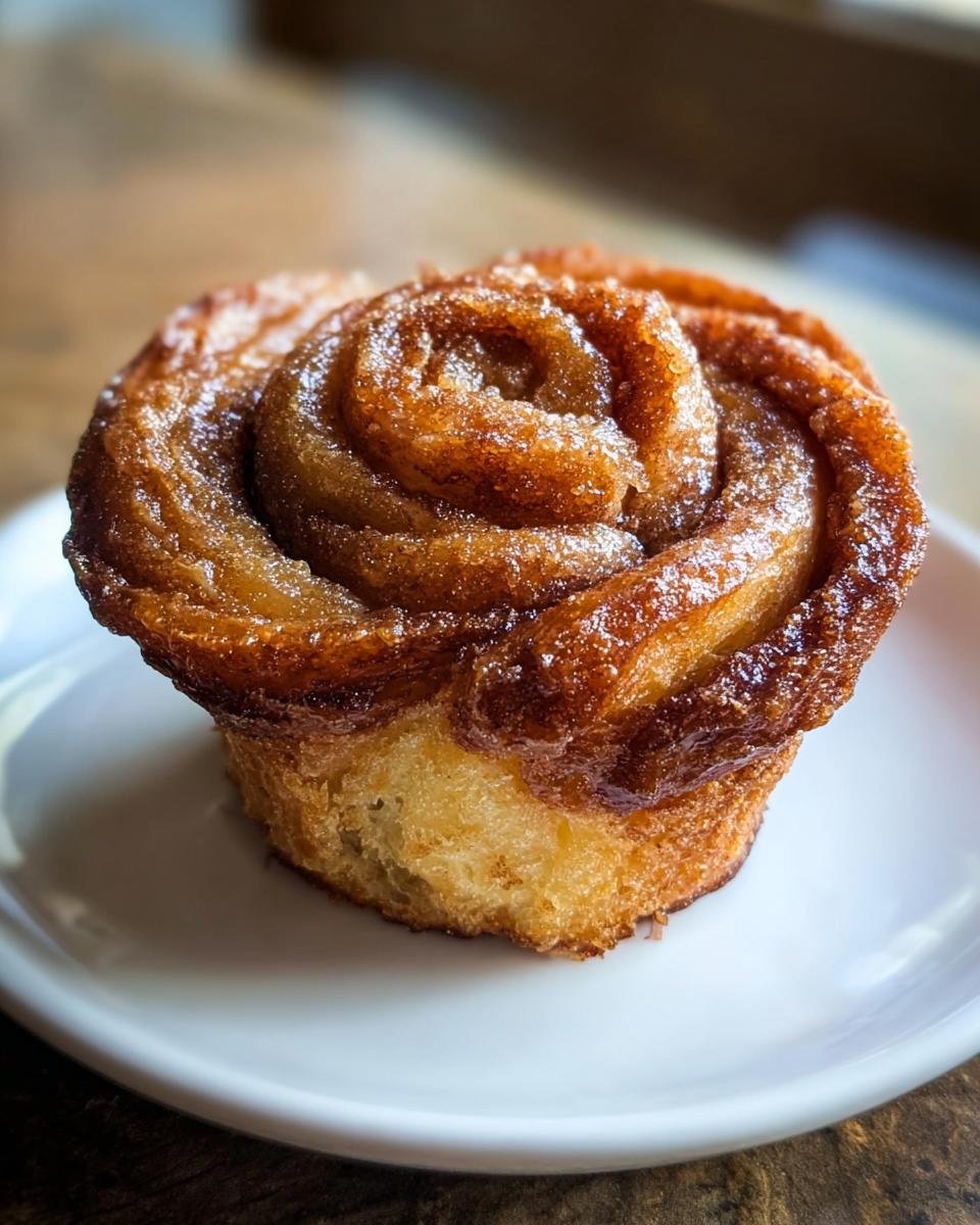 Nahaufnahme einer saftigen, karamellisierten glutenfreien Zimtschnecke auf einem kleinen weißen Teller.