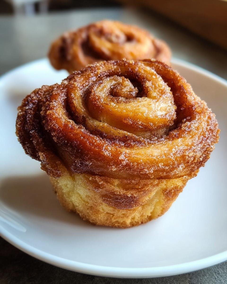 Nahaufnahme einer saftigen, gebackenen glutenfreien Zimtschnecke mit karamellisierter Zimt-Zucker-Kruste auf einem weißen Teller.