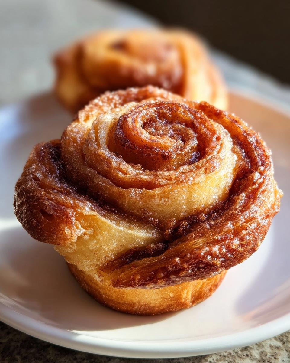 Nahaufnahme einer saftigen, glasierten glutenfreien Zimtschnecke auf einem weißen Teller.