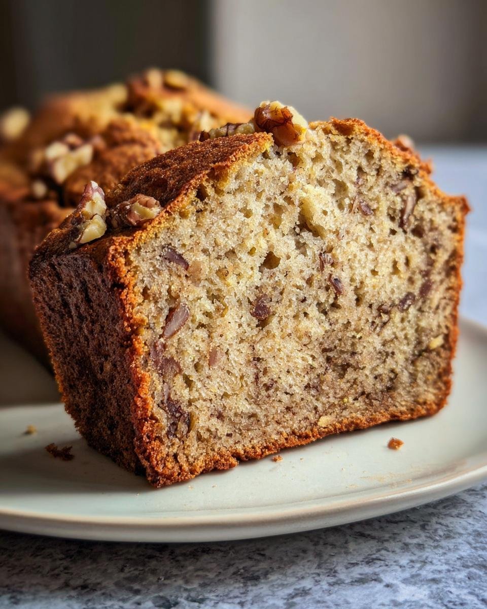 Nahaufnahme eines Anschnitts von Glutenfreies Bananenbrot mit Walnüssen auf einem Teller.