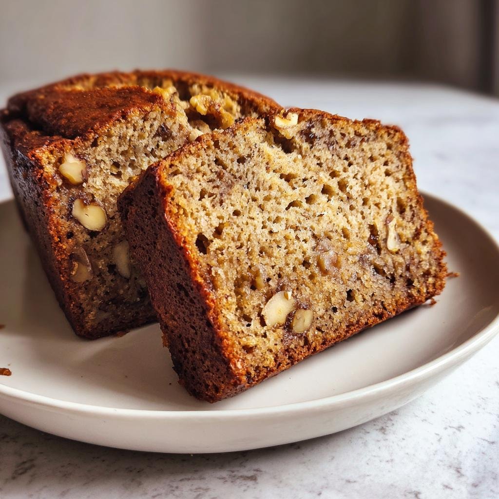 Zwei dicke Scheiben saftiges Glutenfreies Bananenbrot mit Walnüssen auf einem Teller.