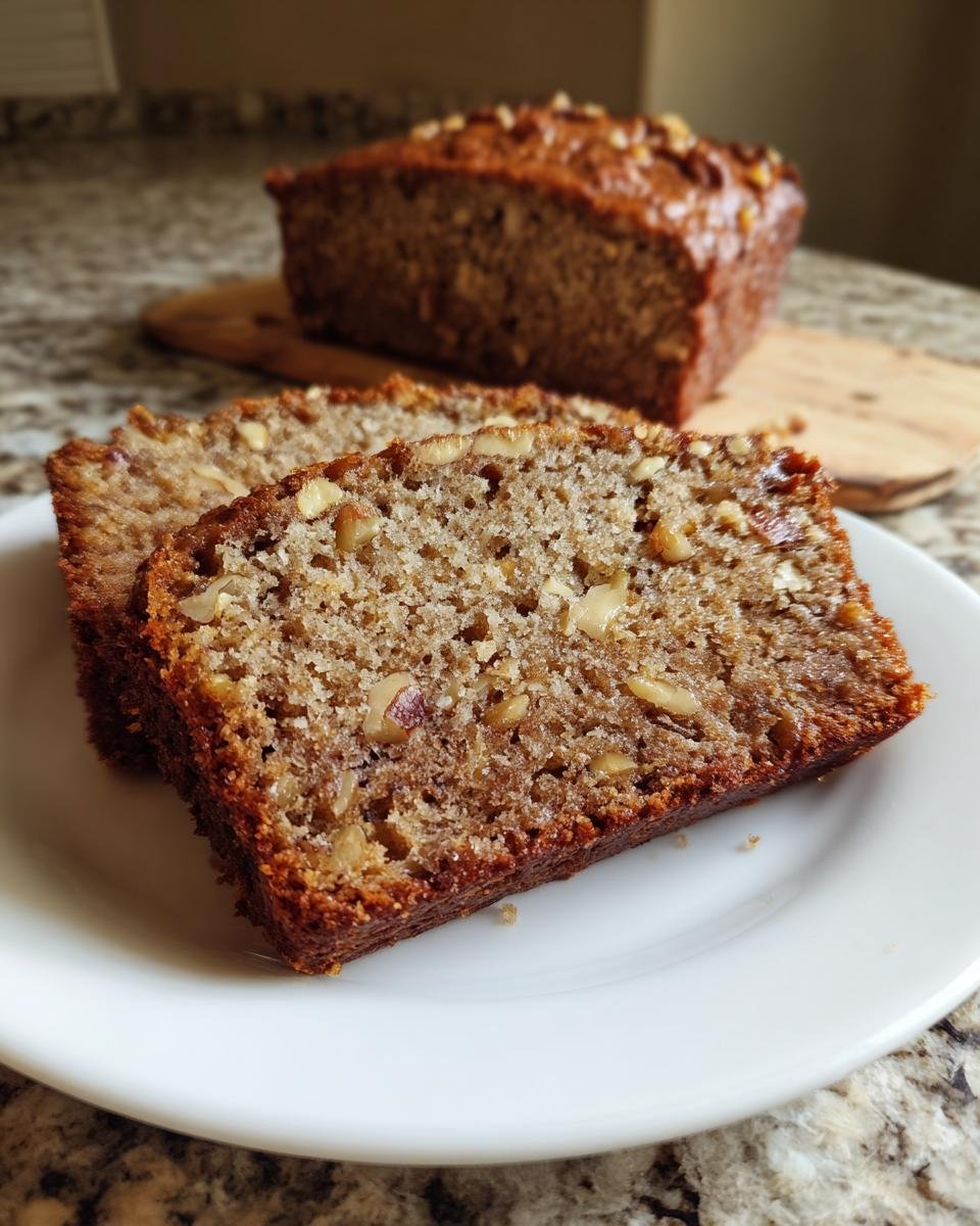Zwei Scheiben Glutenfreies Bananenbrot mit Walnüssen auf einem Teller, das ganze Brot im Hintergrund.