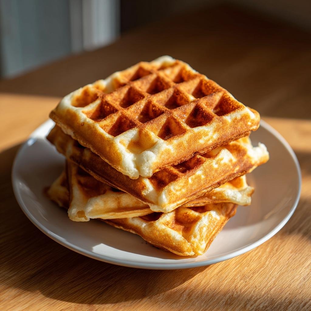 Stapel goldbrauner Waffeln, zubereitet mit bestem Waffelteig, auf einem weißen Teller.