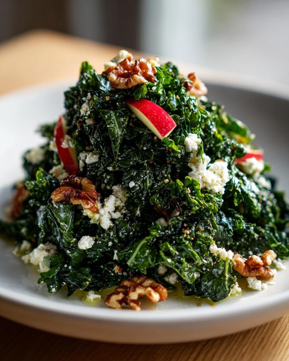 Nahaufnahme eines üppigen Grünkohlsalat mit Apfelstücken, Walnüssen und veganem Feta auf einem weißen Teller.