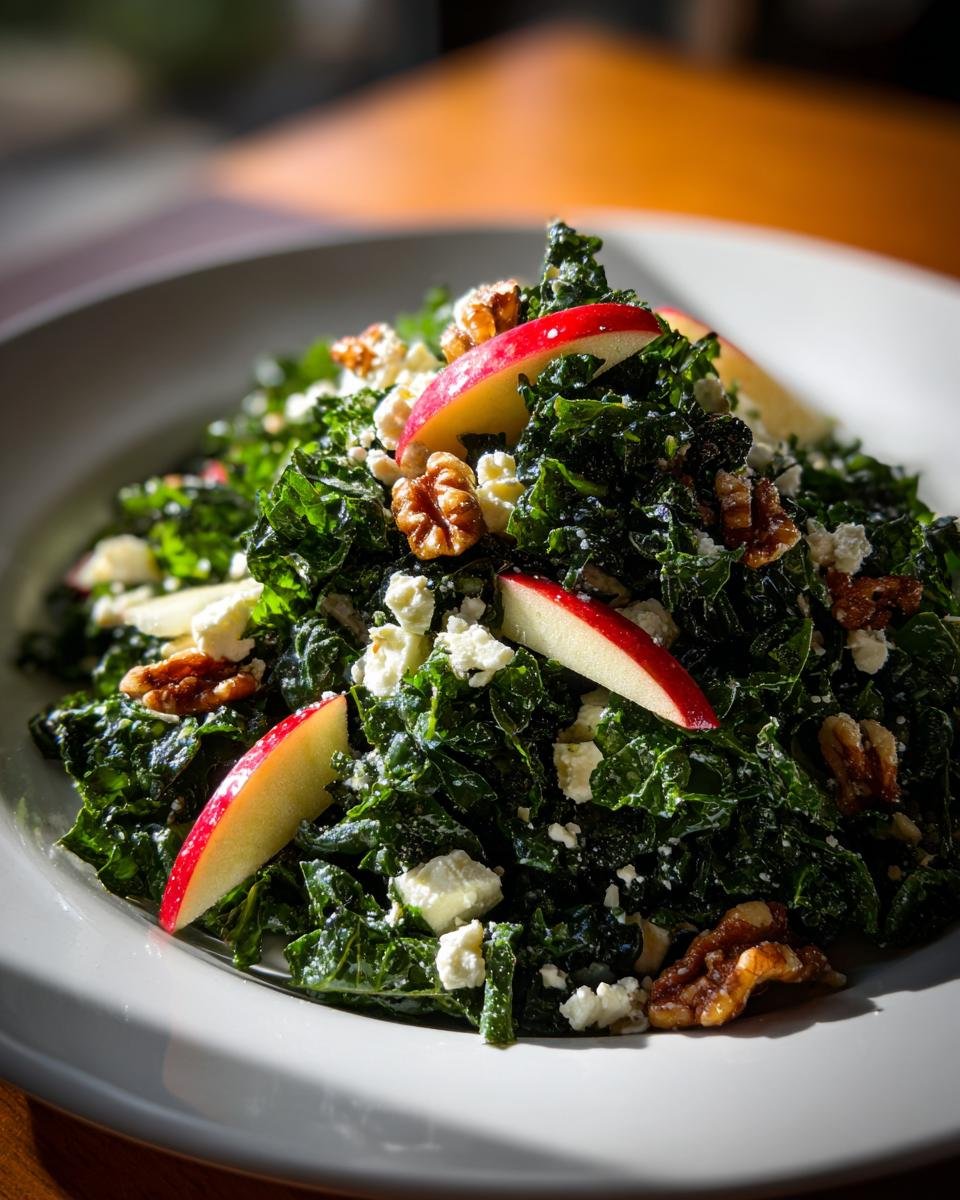 Nahaufnahme eines reichhaltigen Grünkohlsalat mit Apfelspalten, Walnüssen und veganem Feta auf einem weißen Teller.