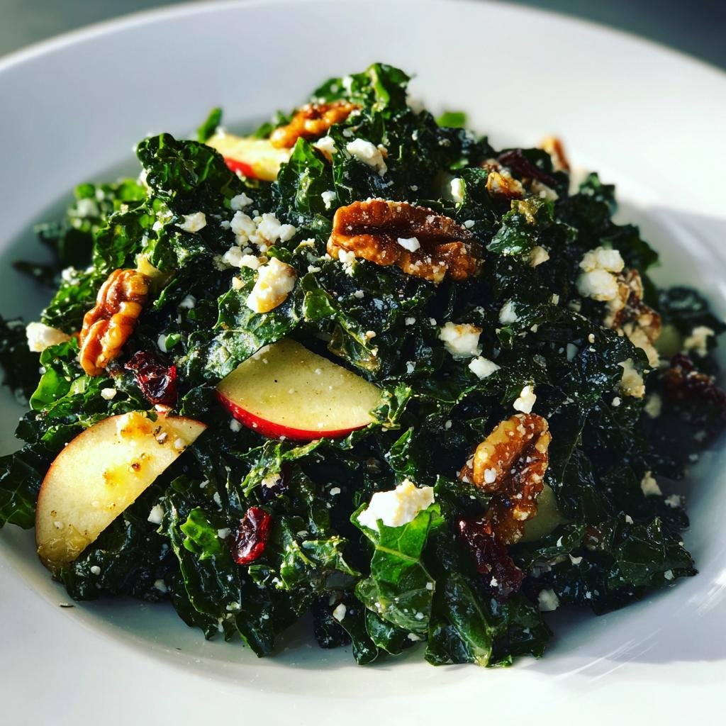 Nahaufnahme eines Grünkohlsalat mit Apfel, Nüssen und veganem Feta auf einem weißen Teller.