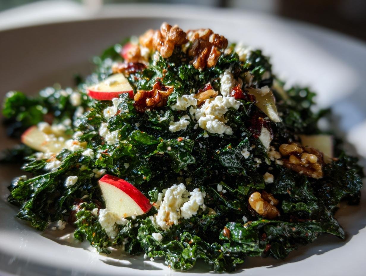 Nahaufnahme von Grünkohlsalat mit Apfelstücken, Walnüssen und veganem Feta auf einem weißen Teller.