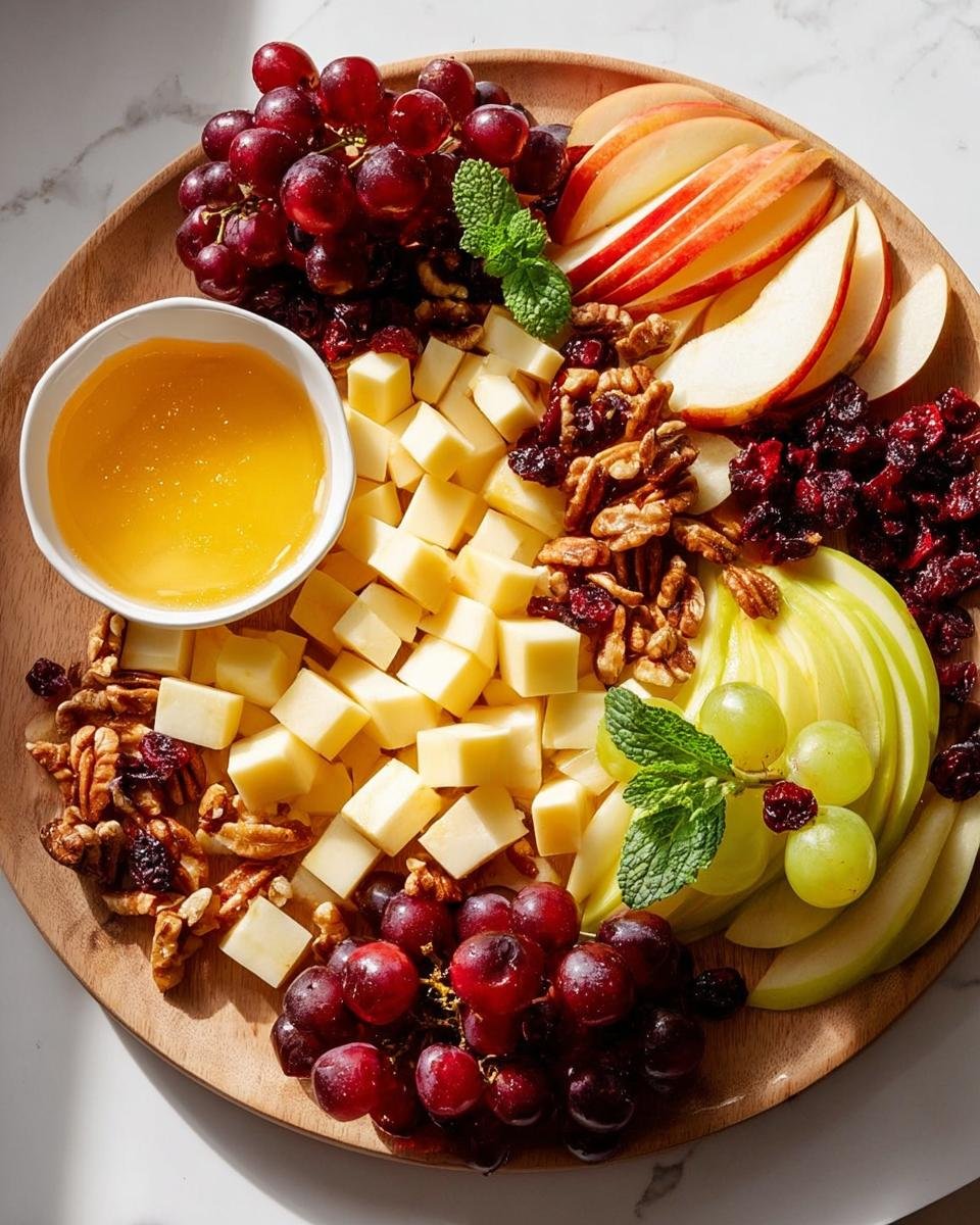Eine ansprechend dekorierte Große Obstplatte auf einem Holzbrett mit Käsewürfeln, roten und grünen Trauben, Apfelscheiben, Nüssen und Honig.