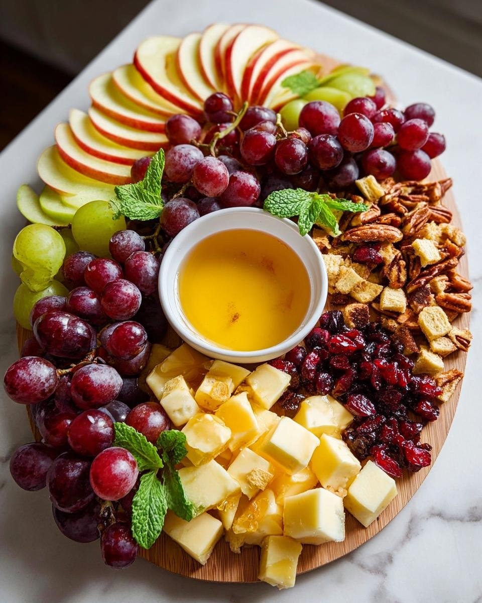 Eine dekorativ angerichtete Große Obstplatte mit roten und grünen Trauben, Apfelscheiben, Käsewürfeln und Honig.