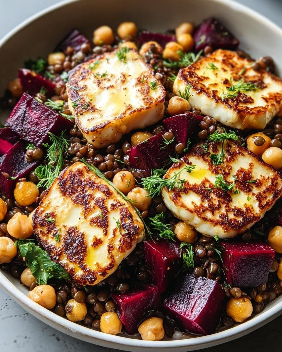 Close-up of pan-fried Halloumi with lemony lentils, chickpeas, and vibrant beetroot chunks.