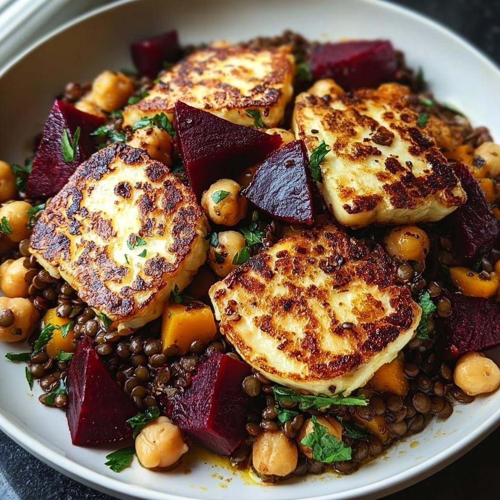 Teller mit gebratenem Halloumi mit Lemony Lentils, Roter Bete und Kichererbsen.