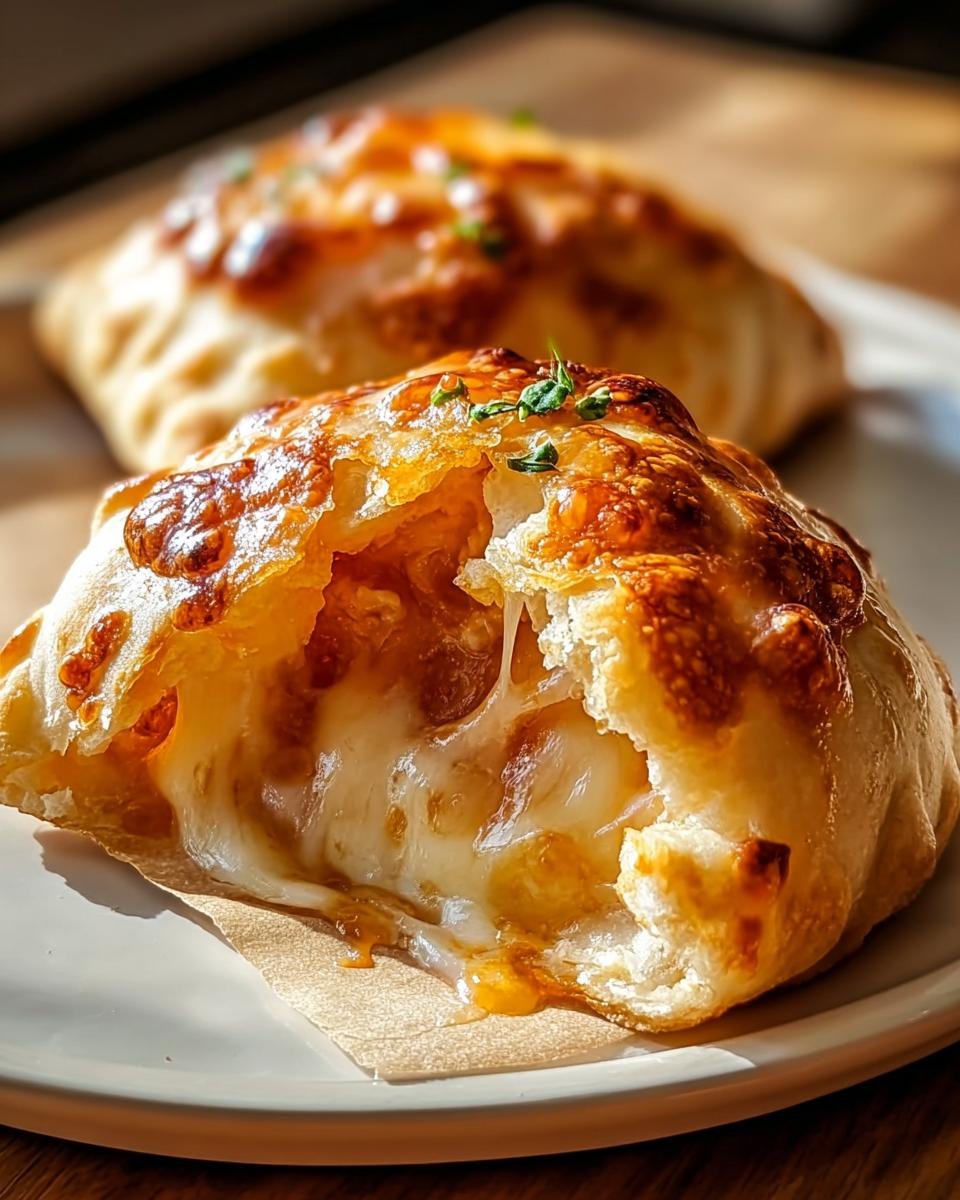 Aufgeschnittene Hausgemachte einfache Käse Pizzataschen mit viel geschmolzenem Käse und Kräutern.
