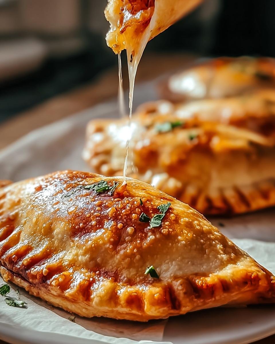 Nahaufnahme einer hausgemachten einfachen Käse Pizzatasche mit geschmolzenem Käse, der herausgezogen wird.