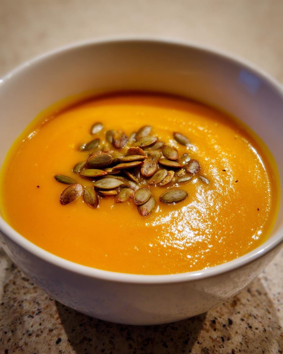Nahaufnahme einer leuchtend orangen Herbst-Kürbissuppe, garniert mit gerösteten Kürbiskernen in einer weißen Schale.