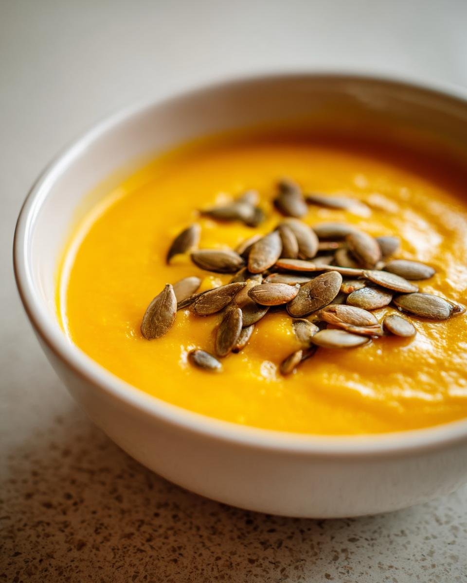 Nahaufnahme einer leuchtend orangen Herbst-Kürbissuppe, garniert mit gerösteten Kürbiskernen.