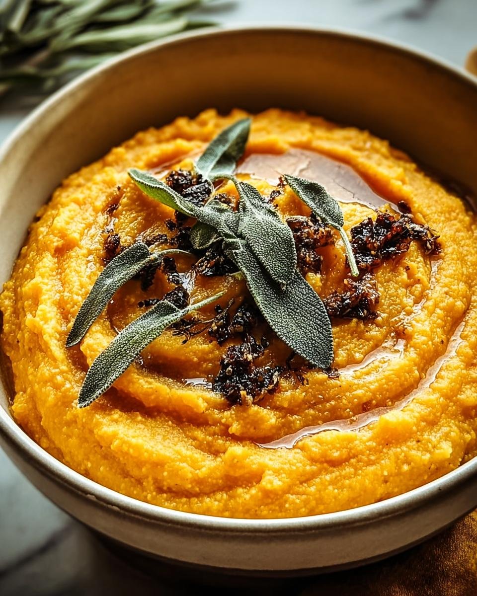 Nahaufnahme der cremigen Herbstliche Kürbis-Polenta mit aromatischer Salbeibutter und frischen Salbeiblättern.