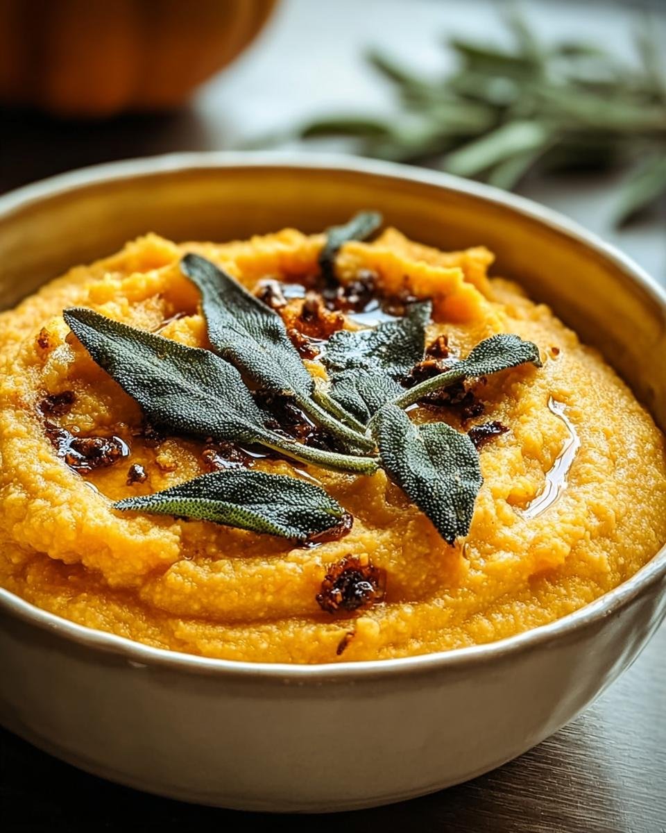 Nahaufnahme einer Schüssel mit cremiger Herbstliche Kürbis-Polenta mit aromatischer Salbeibutter und frischen Salbeiblättern.