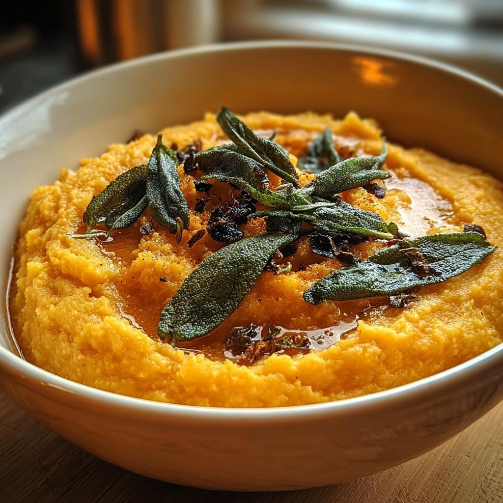 Nahaufnahme der cremigen Herbstliche Kürbis-Polenta mit aromatischer Salbeibutter und frischen Salbeiblättern.