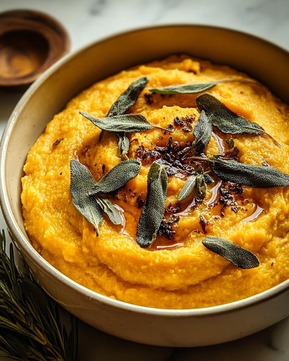 Nahaufnahme der cremigen Herbstliche Kürbis-Polenta mit aromatischer Salbeibutter und frischen Salbeiblättern.