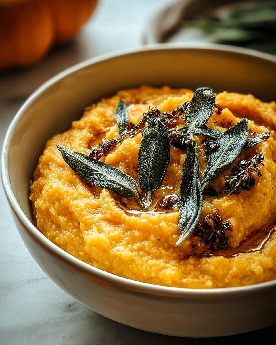 Nahaufnahme der cremigen Herbstlichen Kürbis-Polenta mit aromatischer Salbeibutter und frischen Salbeiblättern.