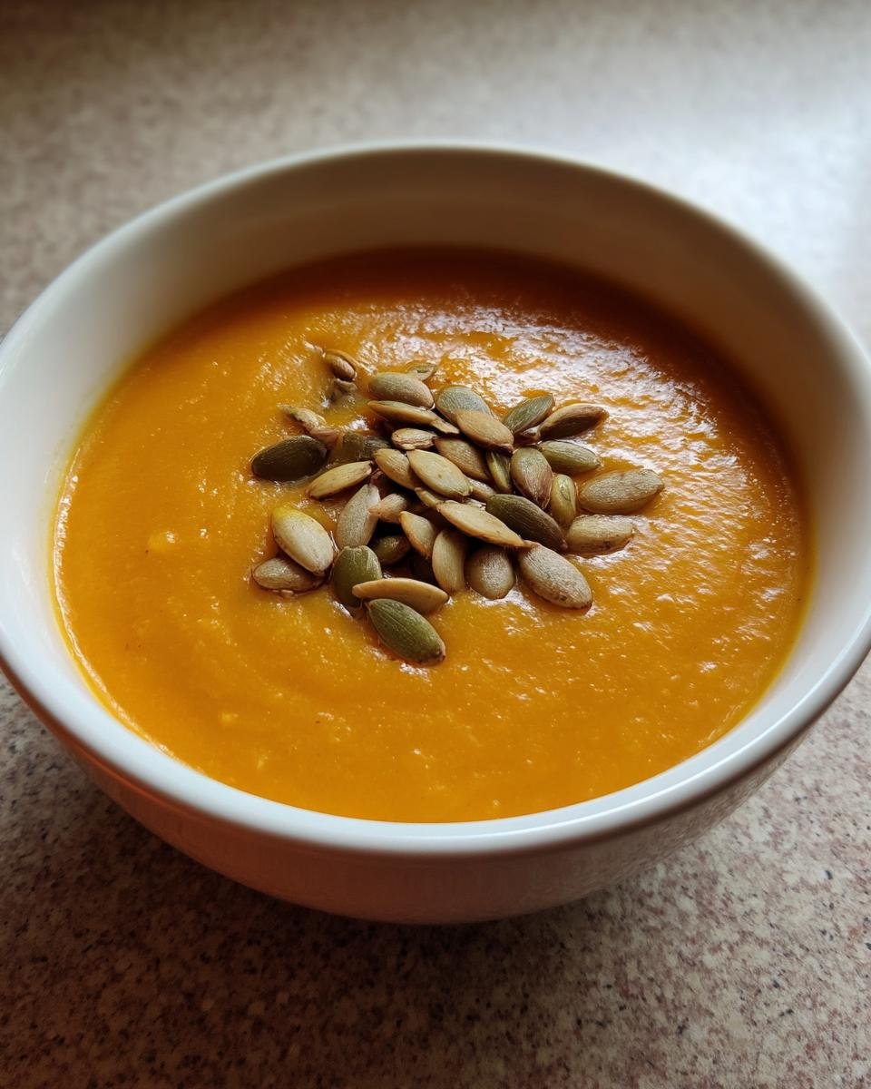 Eine Schüssel cremiger, oranger Herbst-Kürbissuppe, garniert mit gerösteten Kürbiskernen.