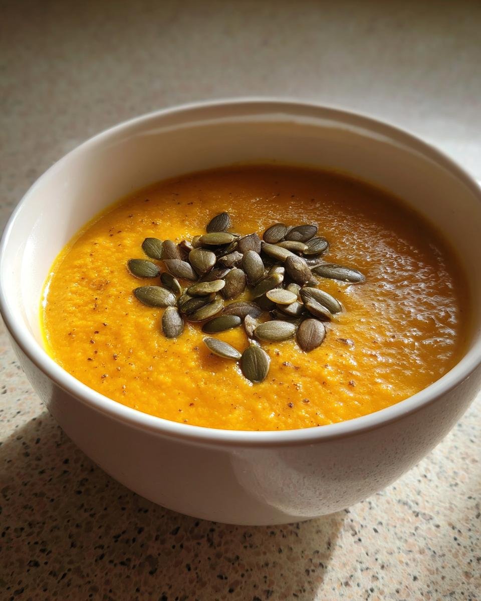 Eine Schale cremiger, oranger Herbst-Kürbissuppe garniert mit gerösteten Kürbiskernen.