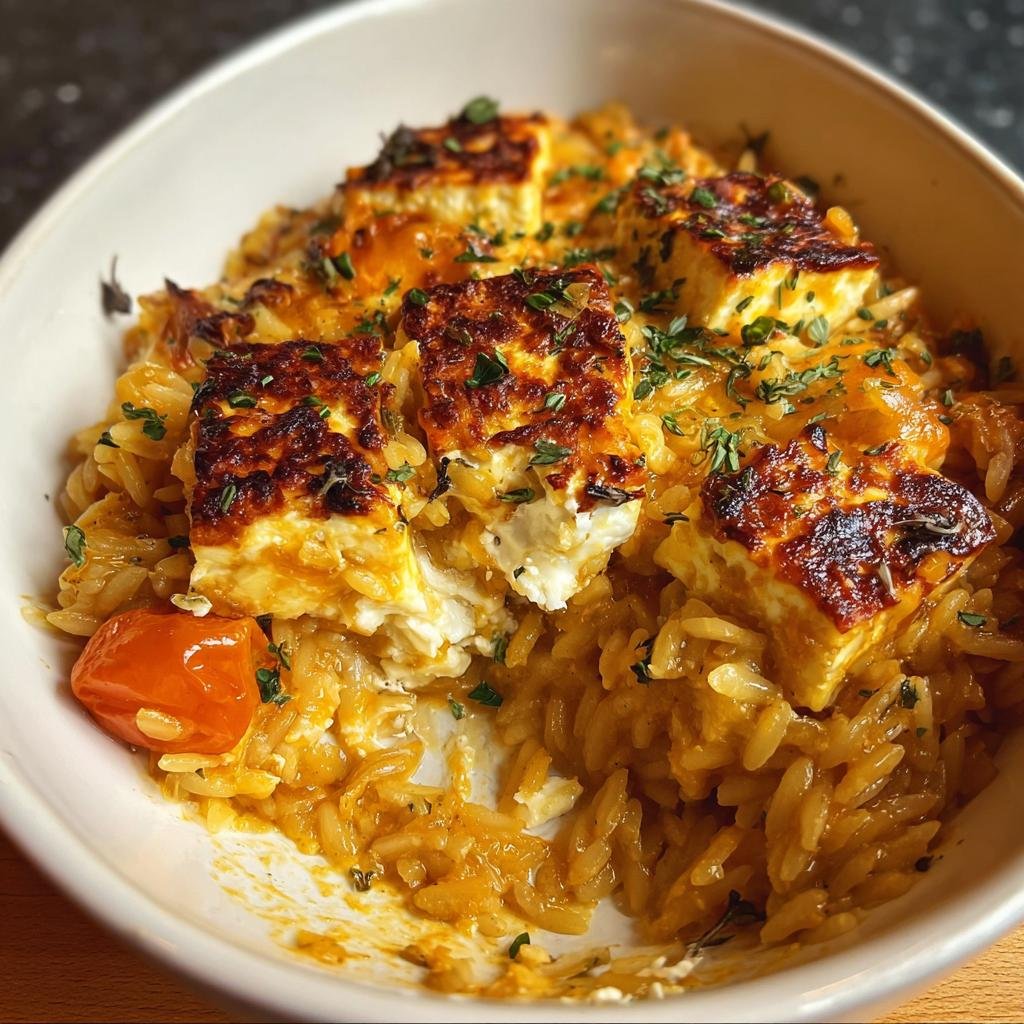 Nahaufnahme des Herbstlicher Halloumi Orzo Auflauf mit goldbraun gebackenem Halloumi.