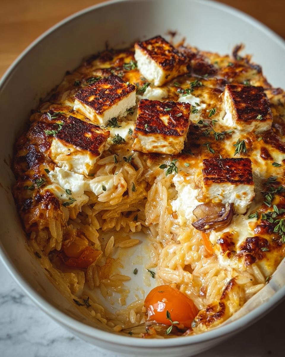 Nahaufnahme des fertigen Herbstlichen Halloumi Orzo Auflaufs mit goldbraun gebratenem Halloumi und Thymian.