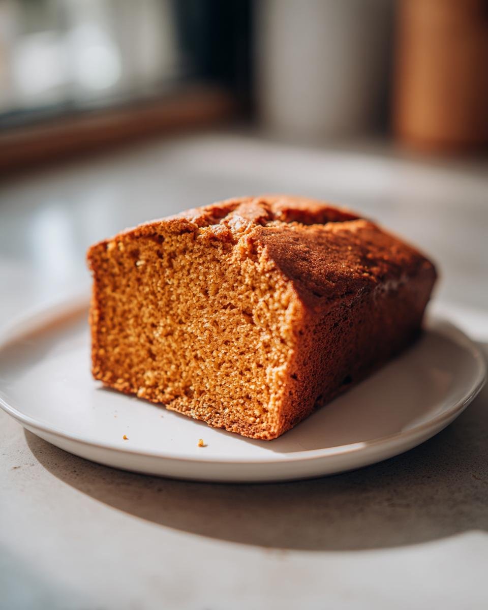 Ein angeschnittenes Stück Herbstliches Kürbisbrot mit goldbrauner Kruste, das auf einem weißen Teller im Sonnenlicht liegt.