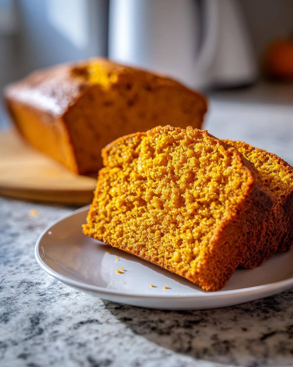 Zwei Scheiben des saftigen Herbstliches Kürbisbrot auf einem weißen Teller, der ganze Laib ist unscharf im Hintergrund.