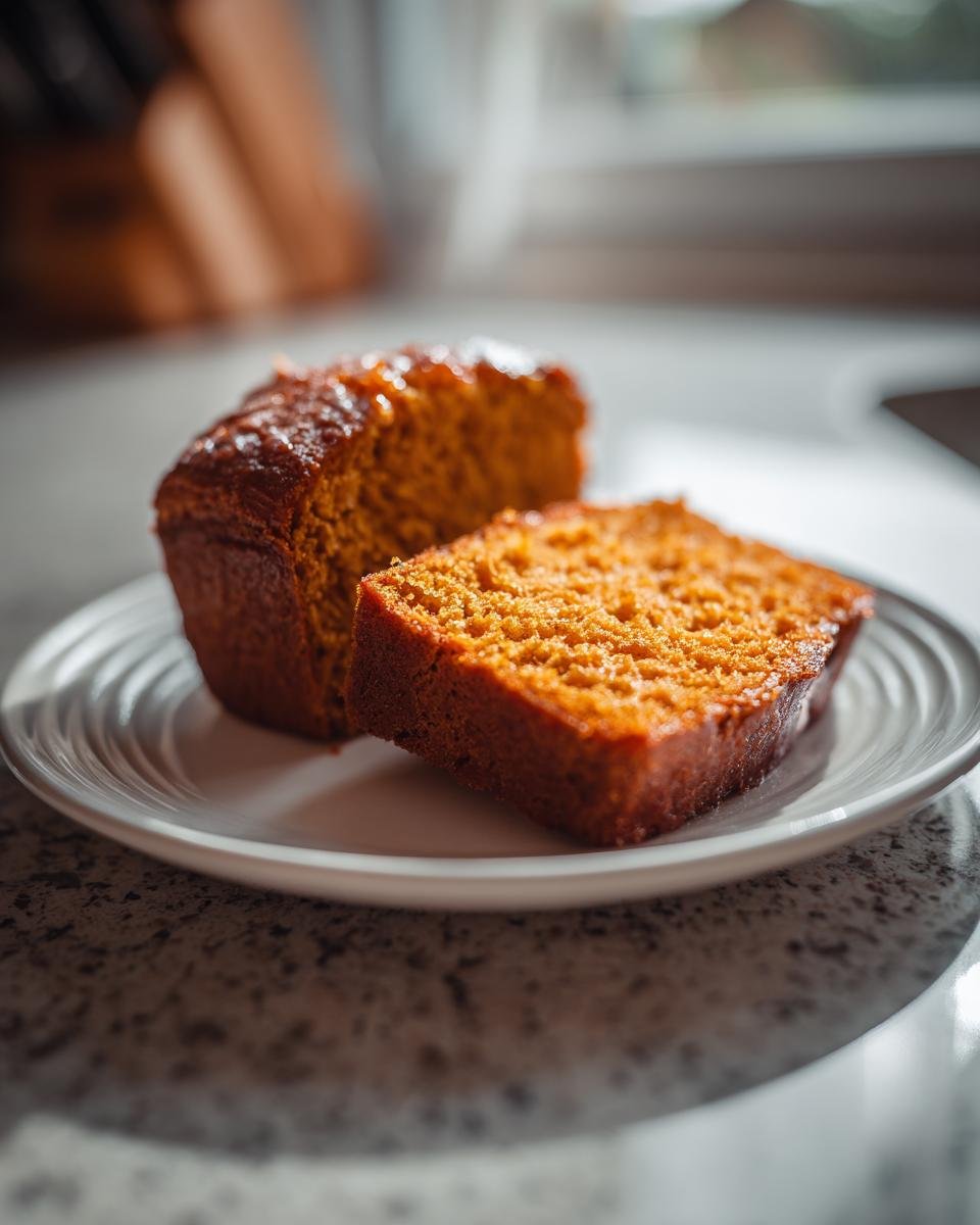 Zwei Scheiben des saftigen Herbstliches Kürbisbrot auf einem weißen Teller, mit dem Rest des Laibs im Hintergrund.