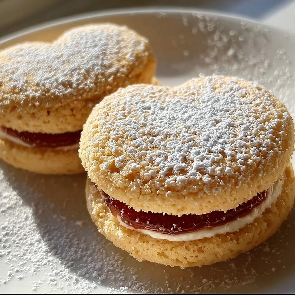 Zwei herzförmige Marzipan Himbeer Plätzchen, gefüllt mit Creme und Marmelade und bestäubt mit Puderzucker.
