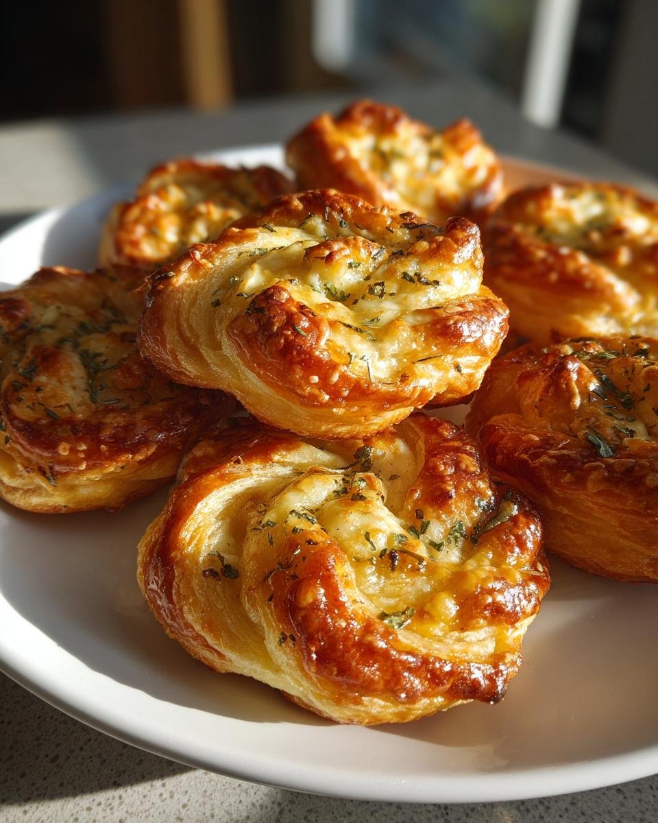 Goldbraune, knusprige Herzhafte Blätterteig-Häppchen mit geschmolzenem Käse und Kräutern auf einem weißen Teller.