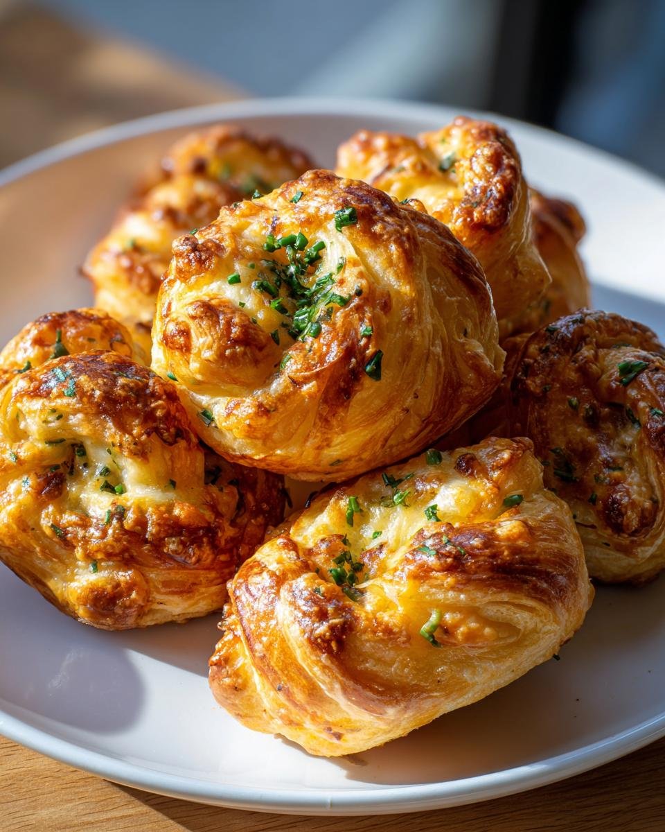 Goldbraun gebackene, herzhafte Blätterteig-Häppchen, bestreut mit geschmolzenem Käse und frischem Schnittlauch.