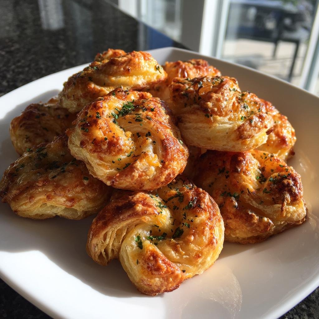 Ein Teller voller goldbrauner, knuspriger Herzhafte Blätterteig-Häppchen, bestreut mit Käse und Petersilie.
