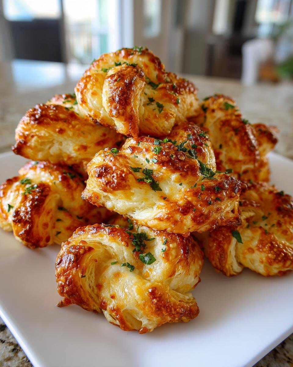 Stapel von goldbraunen, knusprigen Herzhafte Blätterteig-Häppchen, bestreut mit Petersilie.