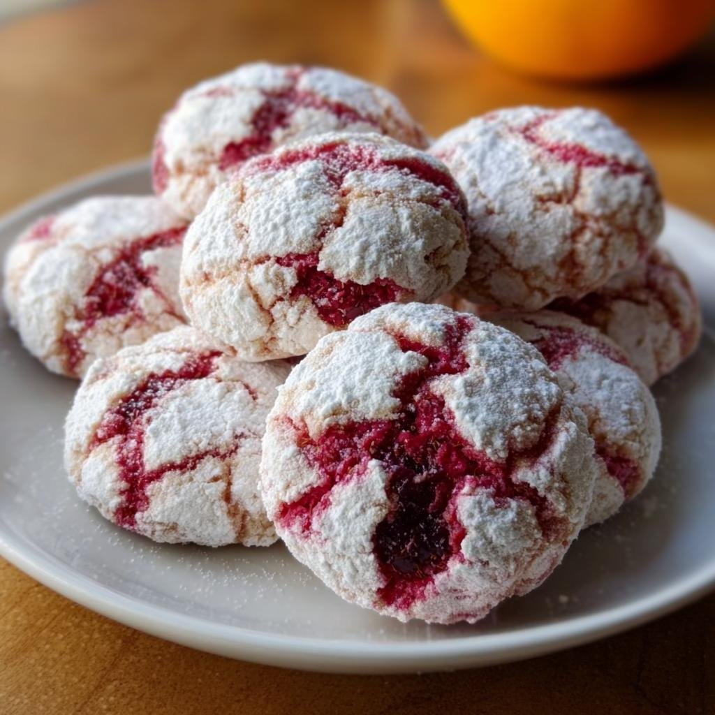 Ein Stapel Himbeer-Crinkle-Kekse, bedeckt mit Puderzucker, der die rote Himbeerfüllung durchscheinen lässt.