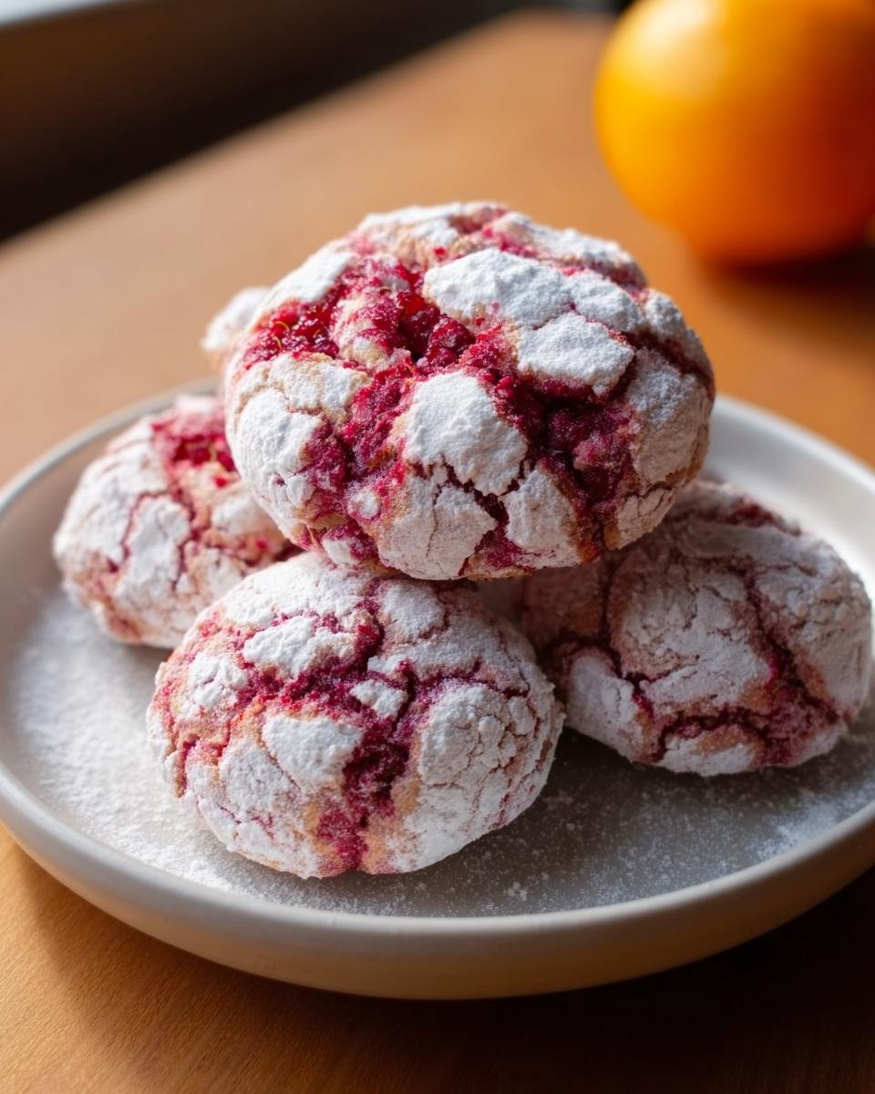 Stapel von Himbeer-Crinkle-Kekse, bedeckt mit Puderzucker, auf einem Teller.