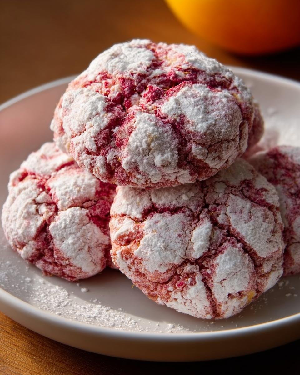 Nahaufnahme von weichen, roten Himbeer-Crinkle-Keksen, dick mit Puderzucker bedeckt.