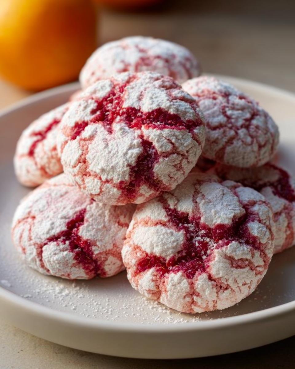 Ein Stapel weicher Himbeer-Crinkle-Kekse, bedeckt mit Puderzucker, der die rote Himbeerfarbe durchscheinen lässt.