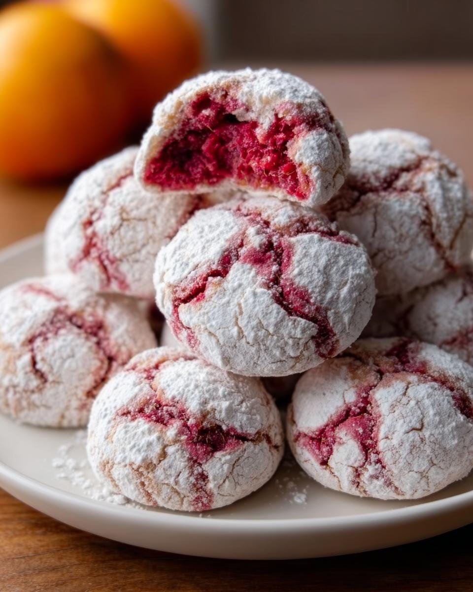 Ein Stapel Himbeer-Crinkle-Kekse, dick mit Puderzucker bedeckt, einer ist aufgeschnitten und zeigt die rote Himbeerfüllung.