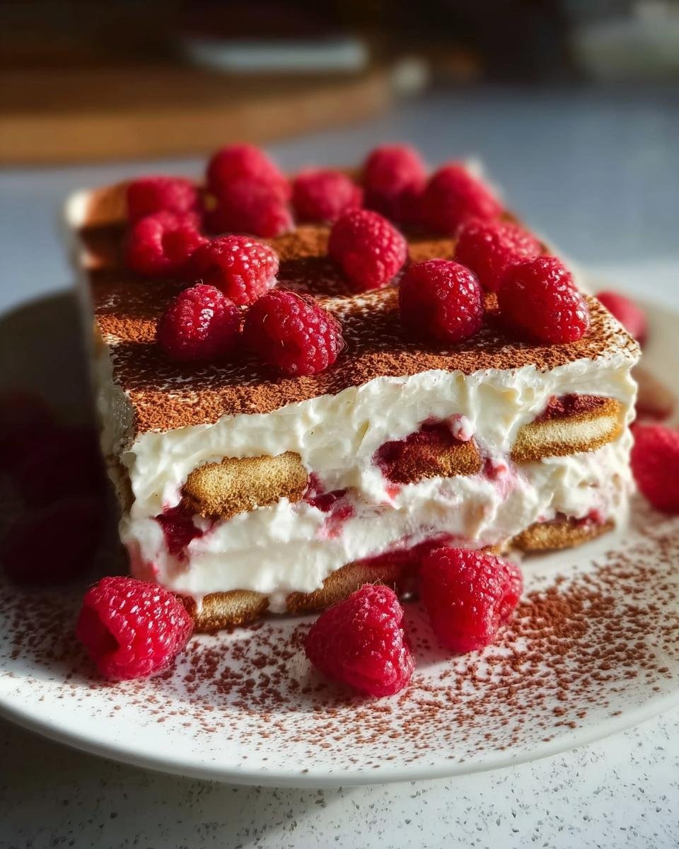 Ein Stück Himbeer-Spekulatius-Tiramisu, geschichtet mit Creme, Löffelbiskuits und reichlich frischen Himbeeren.