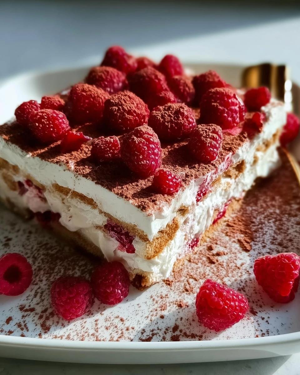 Ein Stück Himbeer-Spekulatius-Tiramisu, reichlich belegt mit frischen Himbeeren und Kakaopulver.
