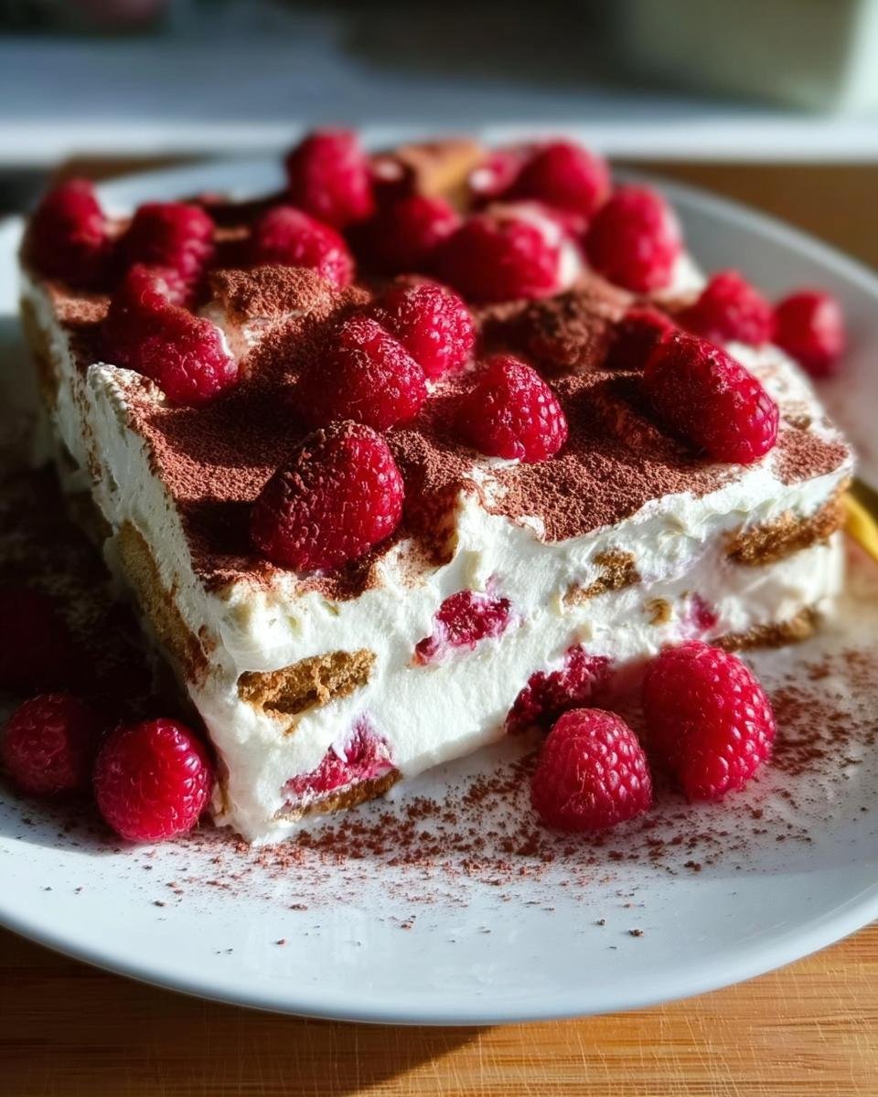 Ein Stück Himbeer-Spekulatius-Tiramisu mit viel Sahne, Himbeeren und Kakaopulver auf einem weißen Teller.