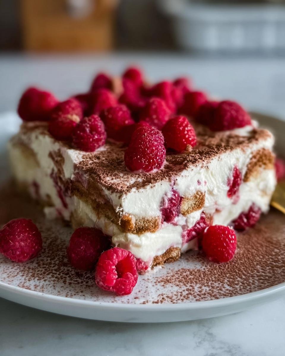 Nahaufnahme eines Stücks Himbeer-Spekulatius-Tiramisu, reichlich belegt mit frischen Himbeeren und Kakaopulver.