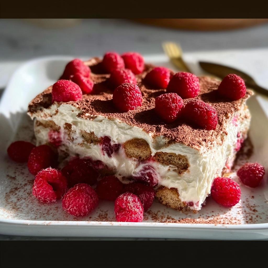 Ein Stück Himbeer-Spekulatius-Tiramisu, reichlich garniert mit frischen Himbeeren und Kakaopulver.