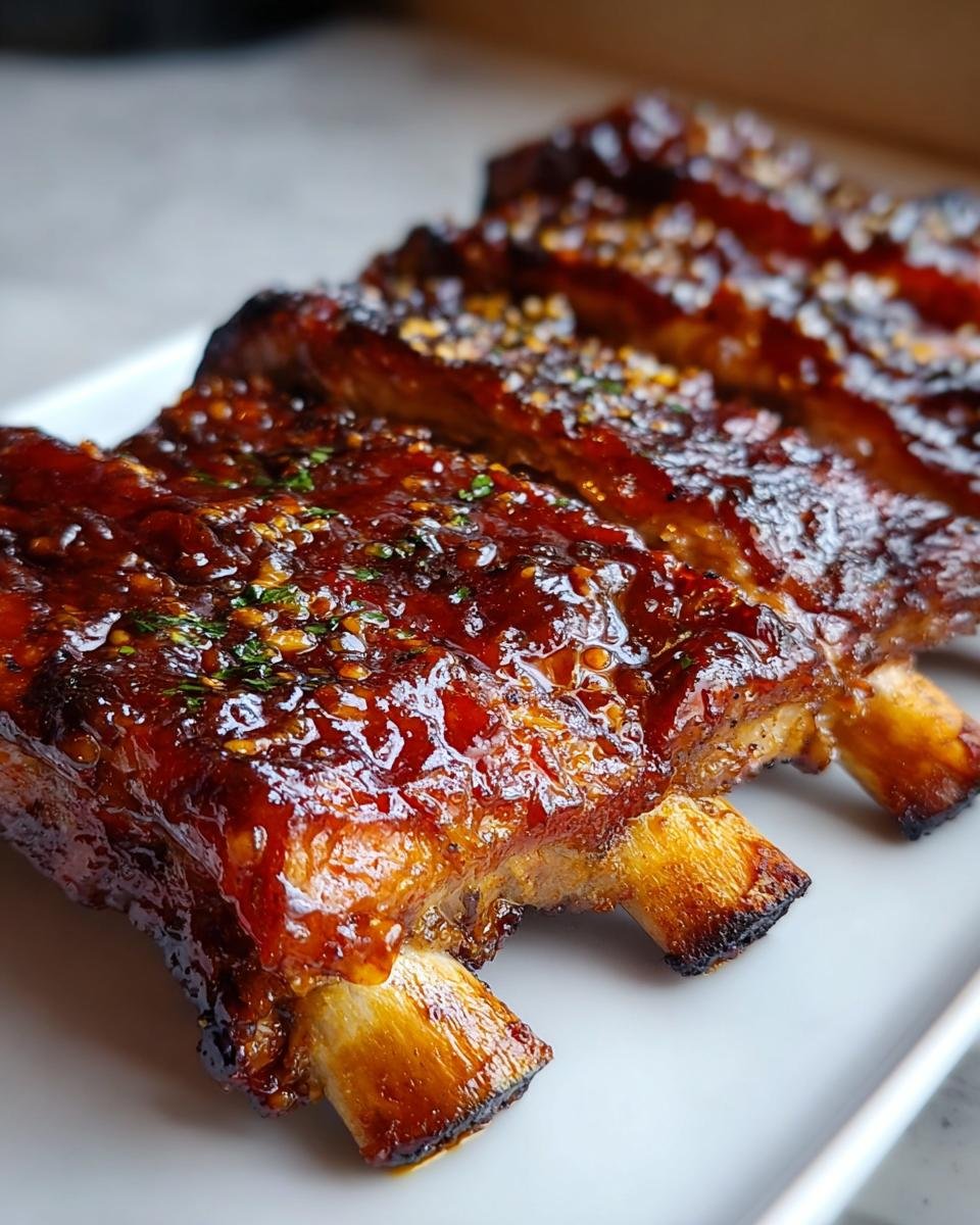 Nahaufnahme von saftigen, glasierten Honey Garlic Ribs, bestreut mit Gewürzen, auf einem weißen Teller.