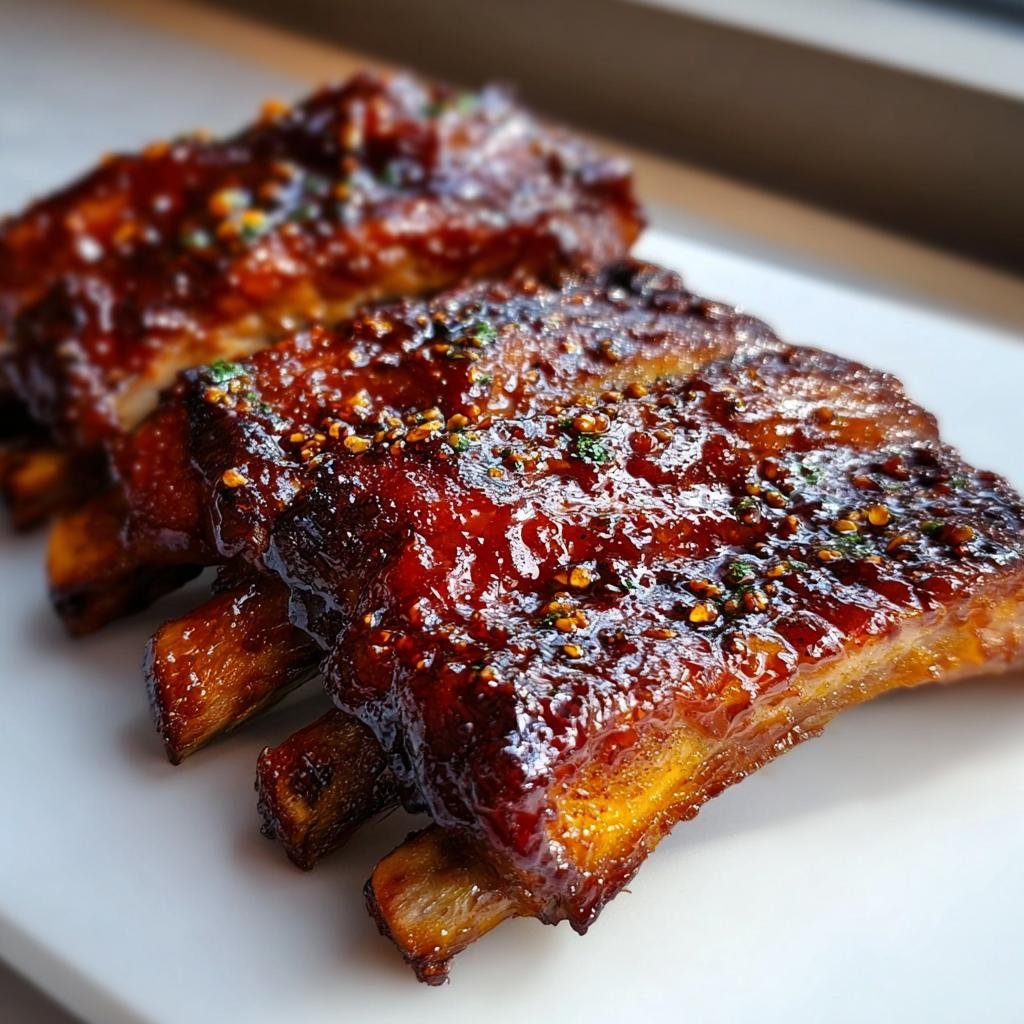 Nahaufnahme von saftigen Honey Garlic Ribs, bedeckt mit einer glänzenden Glasur und Gewürzen.