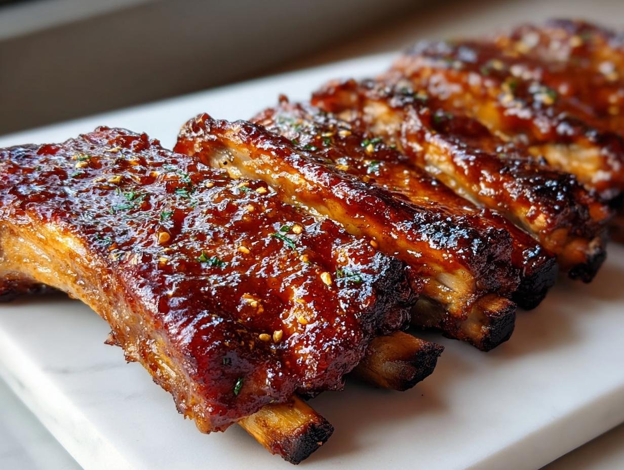 Close-up of tender, glazed Honey Garlic Ribs Recipe pieces, glistening with sauce and sprinkled with herbs.
