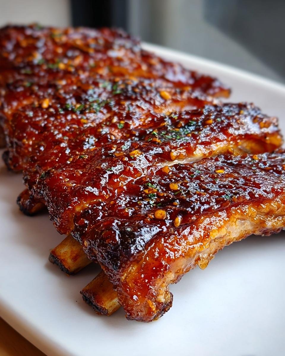 Close-up of sticky, glazed Honey Garlic Ribs Recipe pieces on a white plate, sprinkled with chili flakes.